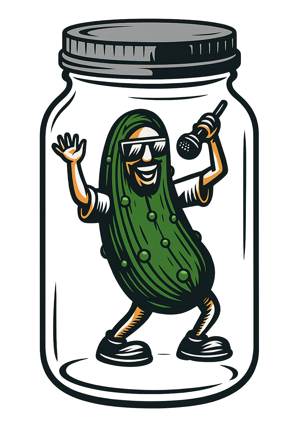 Pickle Phil dancing in a glass pickle jar
